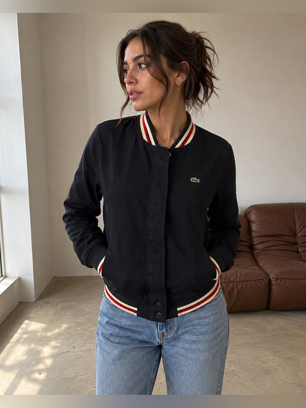 Lacoste Made in France Black Varsity Bomber Jacket Size 36